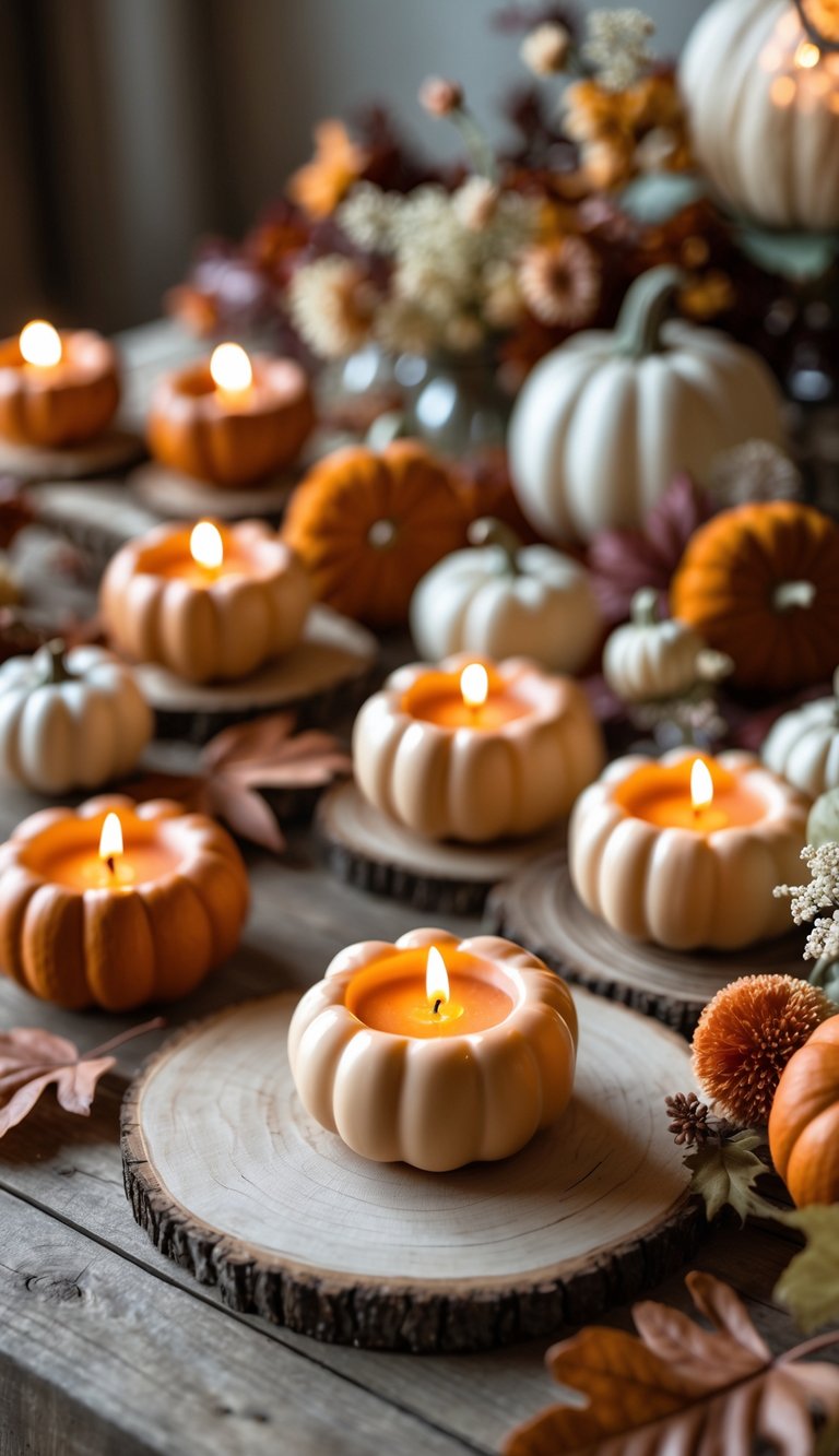 A cozy arrangement of small pumpkin-shaped candles surrounded by autumn decorations on a wooden table.